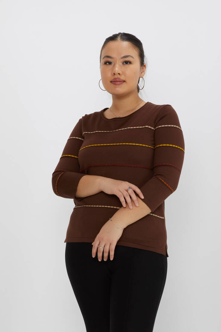 Women's Knitwear Slit Detailed Crew Neck Coffee-Camel - 31392 | KAZEE