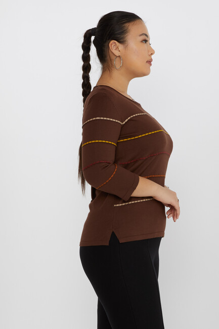 Women's Knitwear Slit Detailed Crew Neck Coffee-Camel - 31392 | KAZEE - Thumbnail