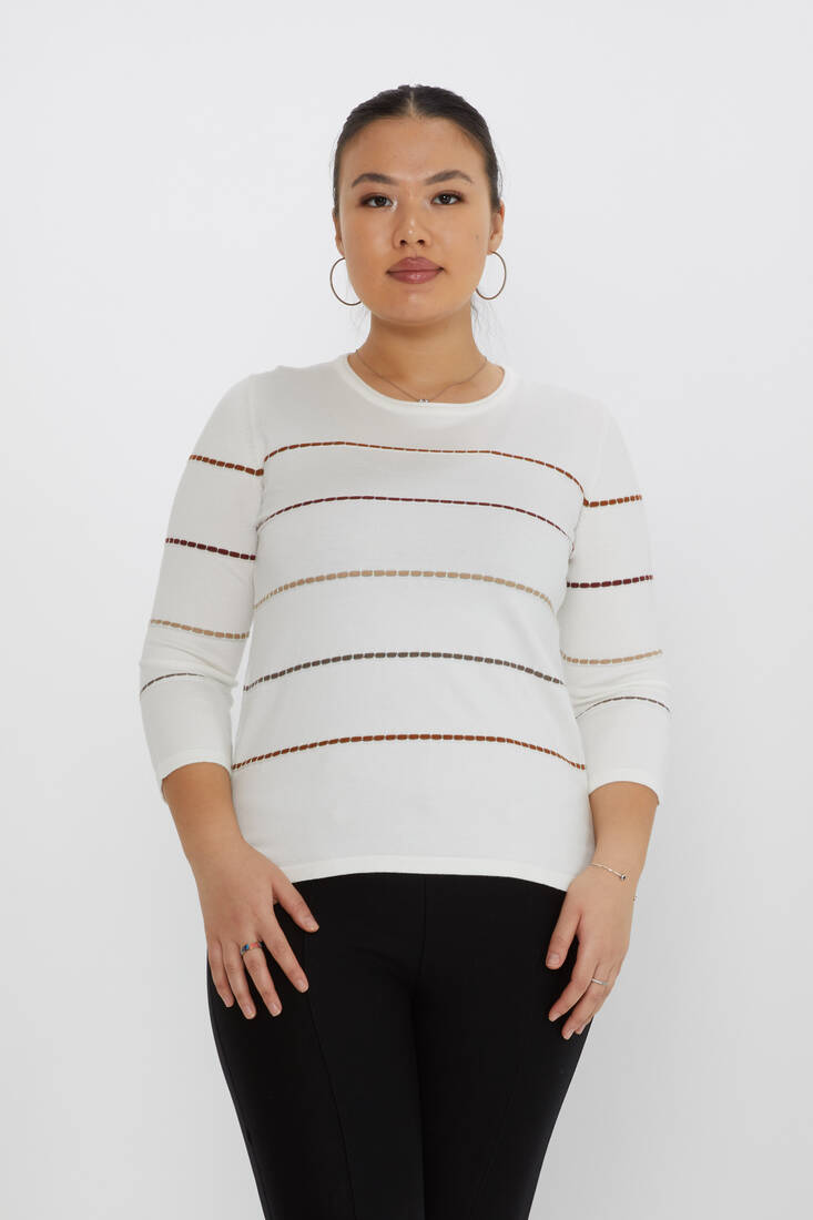 Women's Knitwear Slit Detailed Crew Neck Ecru-Taba - 31392 | KAZEE