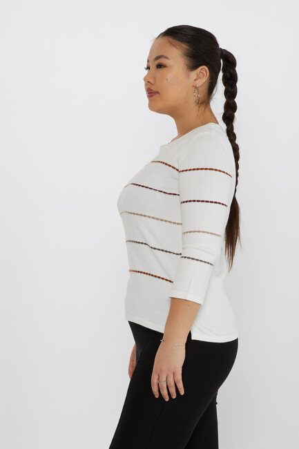 Women's Knitwear Slit Detailed Crew Neck Ecru-Taba - 31392 | KAZEE - Thumbnail