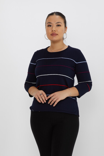 Women's Knitwear Slit Detailed Crew Neck Navy Blue-Blue - 31392 | KAZEE - Thumbnail