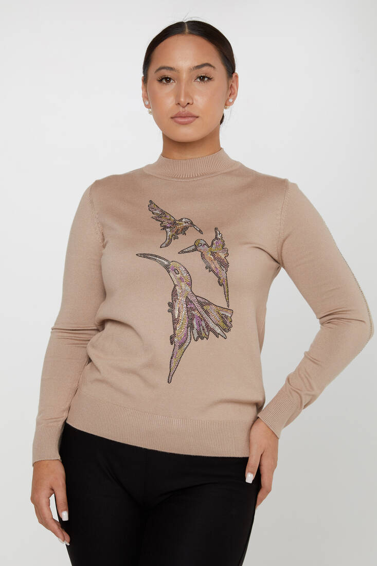 Women's Knitwear Stoned Bird Patterned Mink - 31038 | KAZEE