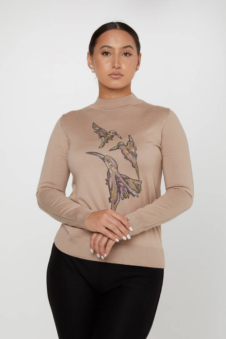 Women's Knitwear Stoned Bird Patterned Mink - 31038 | KAZEE