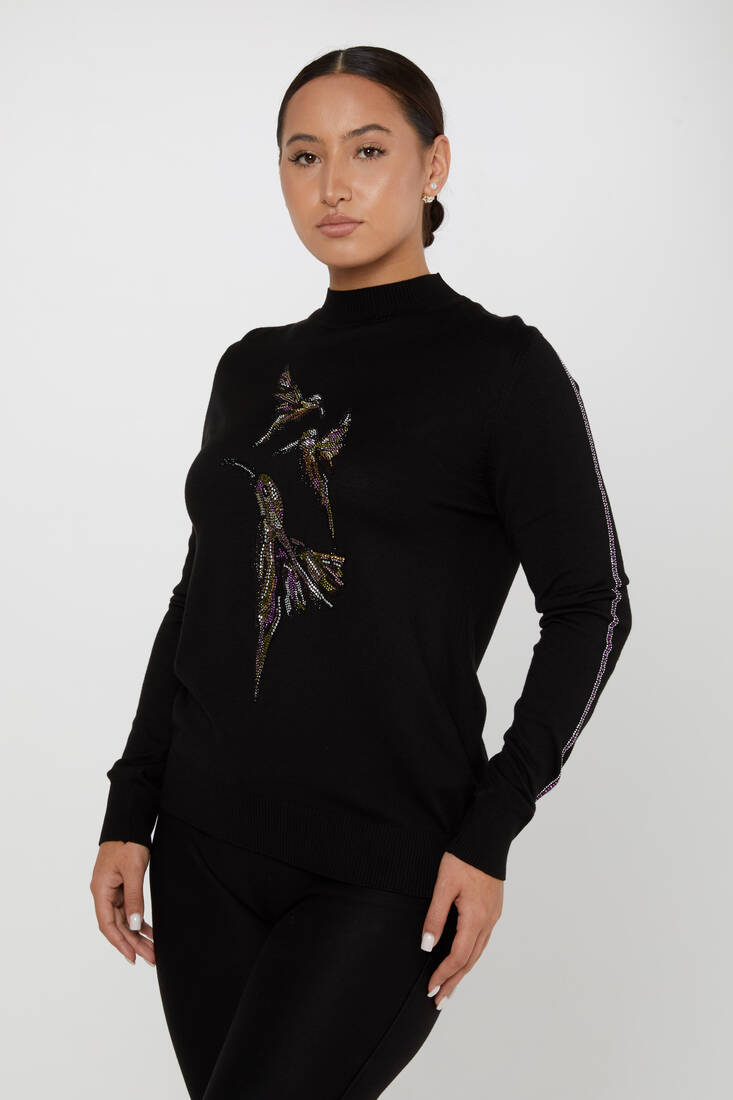 Women's Sweater Stone Bird Pattern Black - 31038 | KAZEE