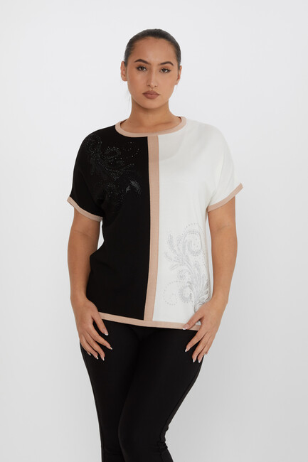 Women's Knitwear Stoned Short Sleeve Black-Ecru - 31049 | KAZEE - Thumbnail