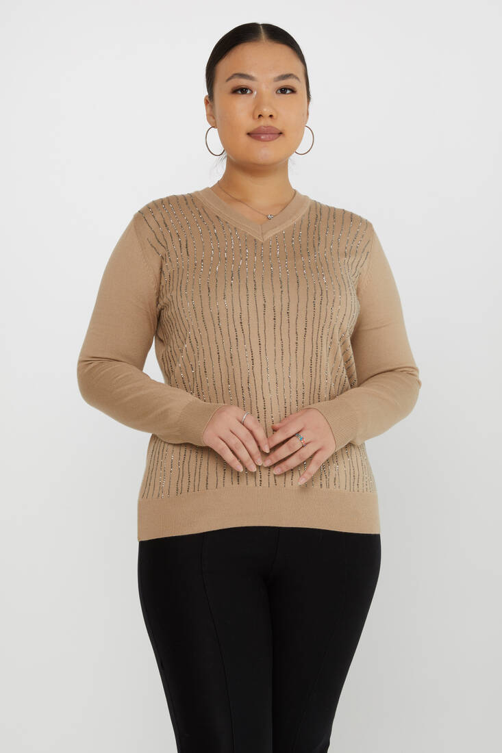 Women's Knitwear Stone Detailed V-Neck Beige - 31500 | KAZEE