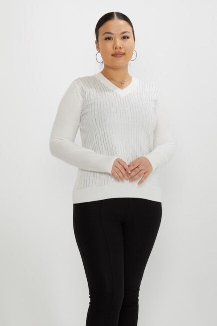 Women's Knitwear Stone Detailed V-Neck Ecru - 31500 | KAZEE - Thumbnail