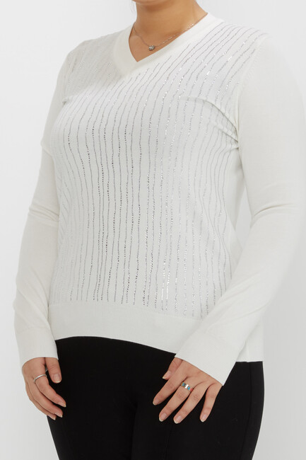 Women's Knitwear Stone Detailed V-Neck Ecru - 31500 | KAZEE - Thumbnail