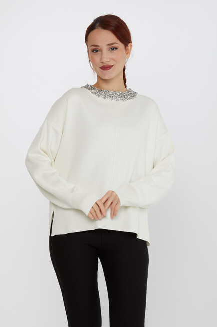 Women's Knitwear Stone Collar Detailed Ecru - 31312 | KAZEE - Thumbnail