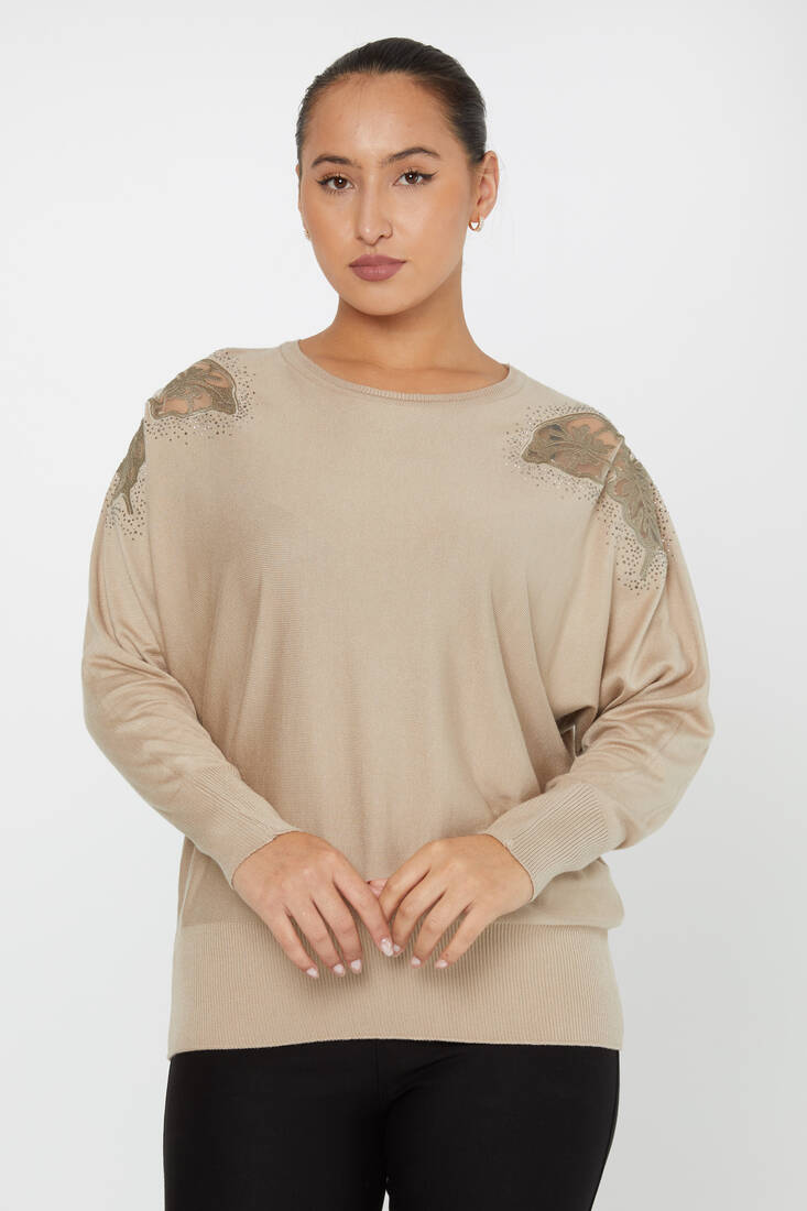 Women's Knitwear Stone Embroidered Bat Sleeve Beige - 30903 | KAZEE