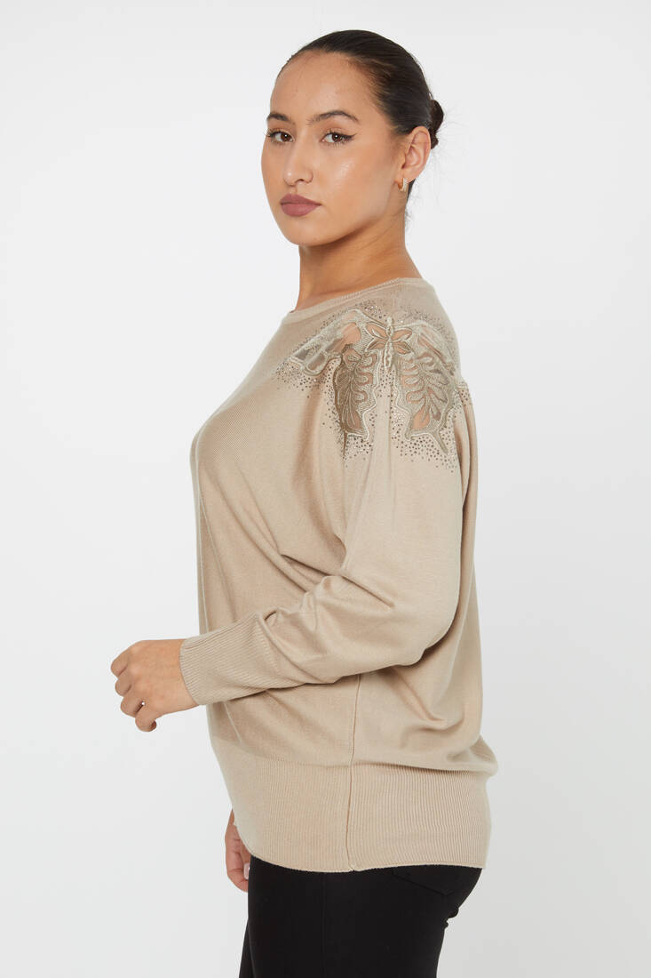 Women's Knitwear Stone Embroidered Bat Sleeve Beige - 30903 | KAZEE