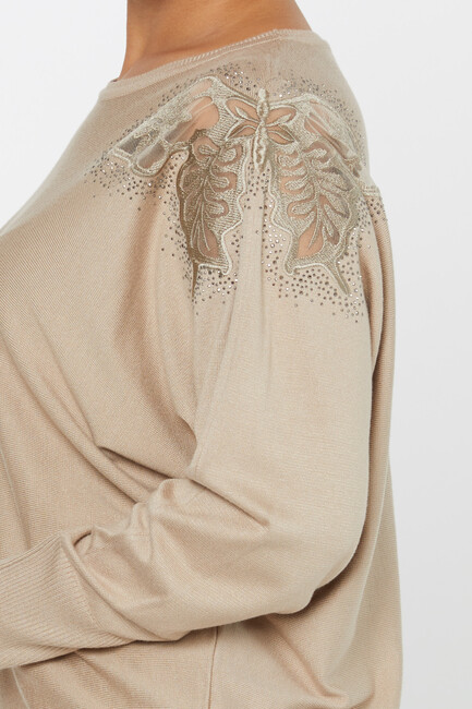 Women's Knitwear Stone Embroidered Bat Sleeve Beige - 30903 | KAZEE - Thumbnail