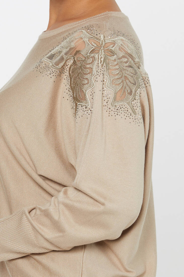 Women's Knitwear Stone Embroidered Bat Sleeve Beige - 30903 | KAZEE