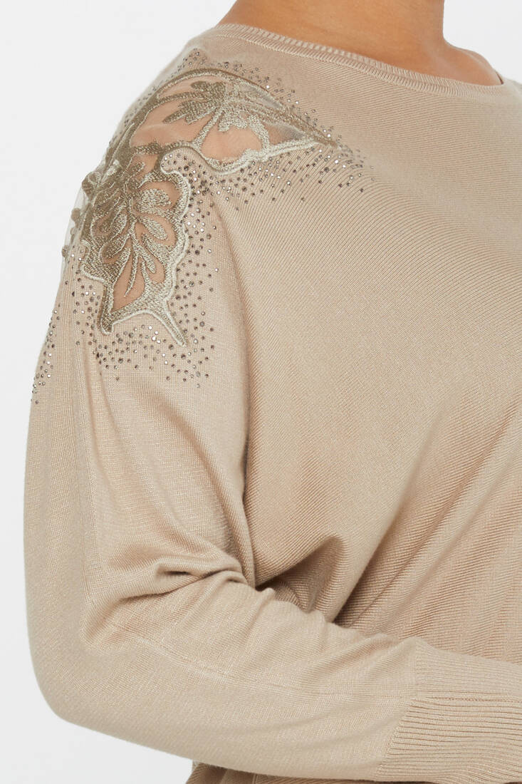 Women's Knitwear Stone Embroidered Bat Sleeve Beige - 30903 | KAZEE