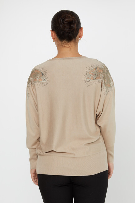 Women's Knitwear Stone Embroidered Bat Sleeve Beige - 30903 | KAZEE - Thumbnail