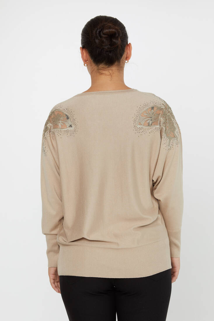 Women's Knitwear Stone Embroidered Bat Sleeve Beige - 30903 | KAZEE