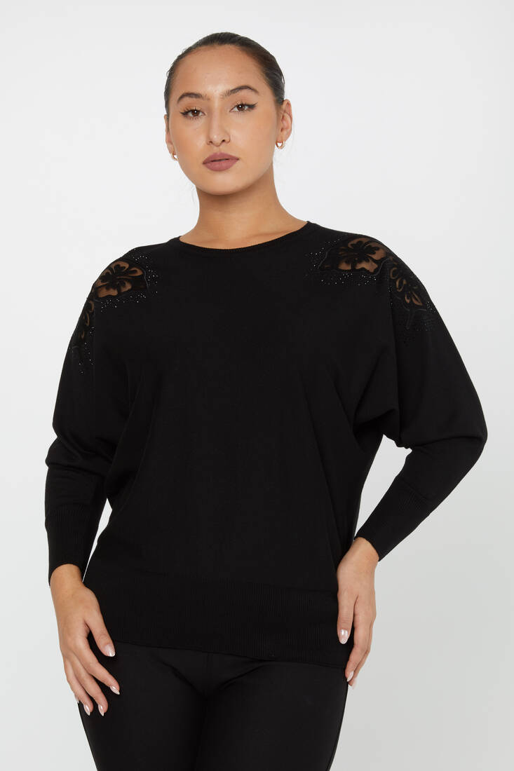 Women's Knitwear Stone Embroidered Bat Sleeve Black - 30903 | KAZEE