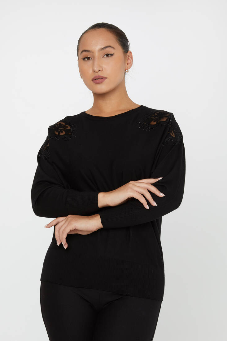 Women's Knitwear Stone Embroidered Bat Sleeve Black - 30903 | KAZEE