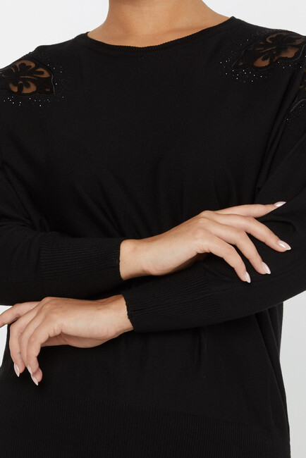 Women's Knitwear Stone Embroidered Bat Sleeve Black - 30903 | KAZEE - Thumbnail