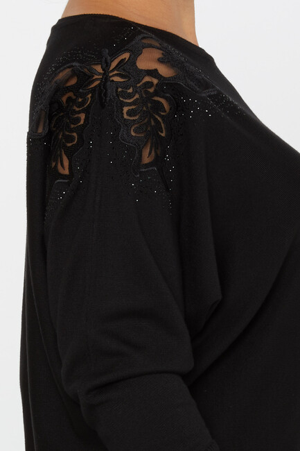 Women's Knitwear Stone Embroidered Bat Sleeve Black - 30903 | KAZEE - Thumbnail