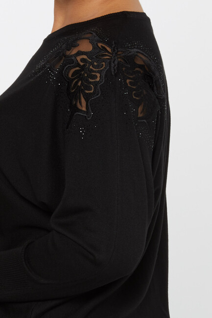 Women's Knitwear Stone Embroidered Bat Sleeve Black - 30903 | KAZEE - Thumbnail