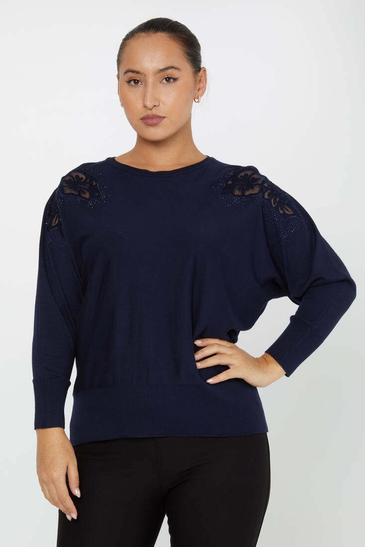 Women's Knitwear Stone Embroidered Bat Sleeve Navy Blue - 30903 | KAZEE