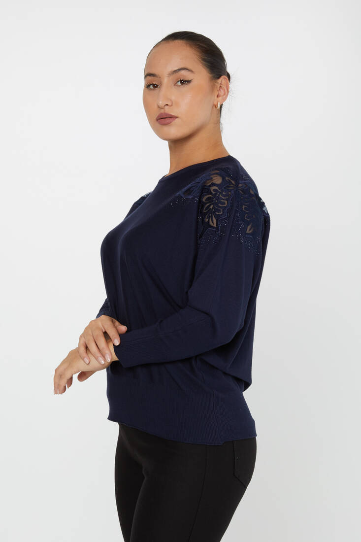 Women's Knitwear Stone Embroidered Bat Sleeve Navy Blue - 30903 | KAZEE