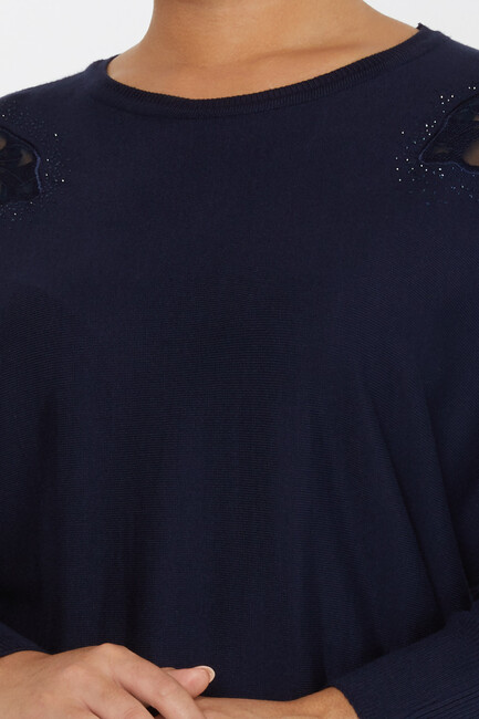 Women's Knitwear Stone Embroidered Bat Sleeve Navy Blue - 30903 | KAZEE - Thumbnail