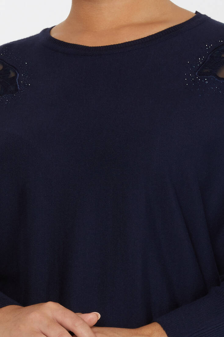 Women's Knitwear Stone Embroidered Bat Sleeve Navy Blue - 30903 | KAZEE