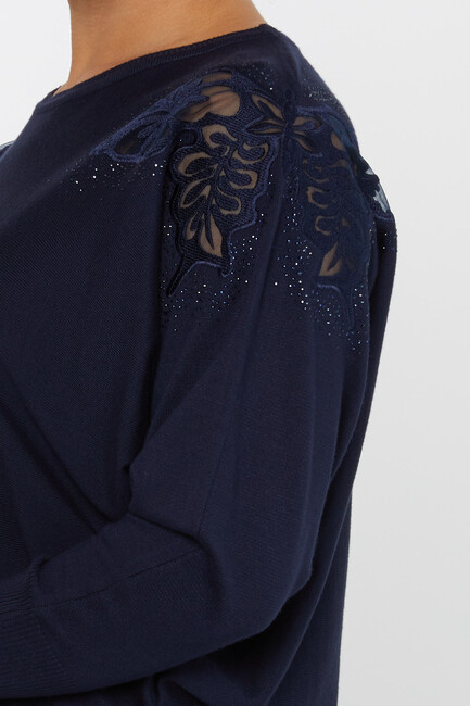 Women's Knitwear Stone Embroidered Bat Sleeve Navy Blue - 30903 | KAZEE - Thumbnail