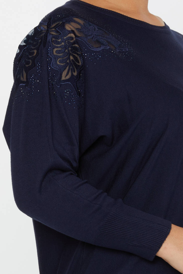 Women's Knitwear Stone Embroidered Bat Sleeve Navy Blue - 30903 | KAZEE