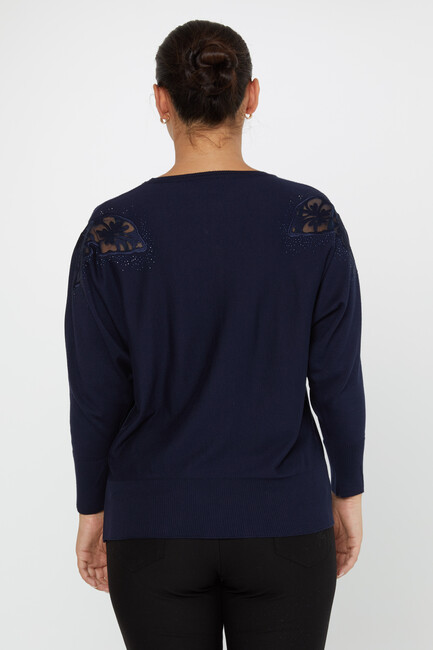 Women's Knitwear Stone Embroidered Bat Sleeve Navy Blue - 30903 | KAZEE - Thumbnail