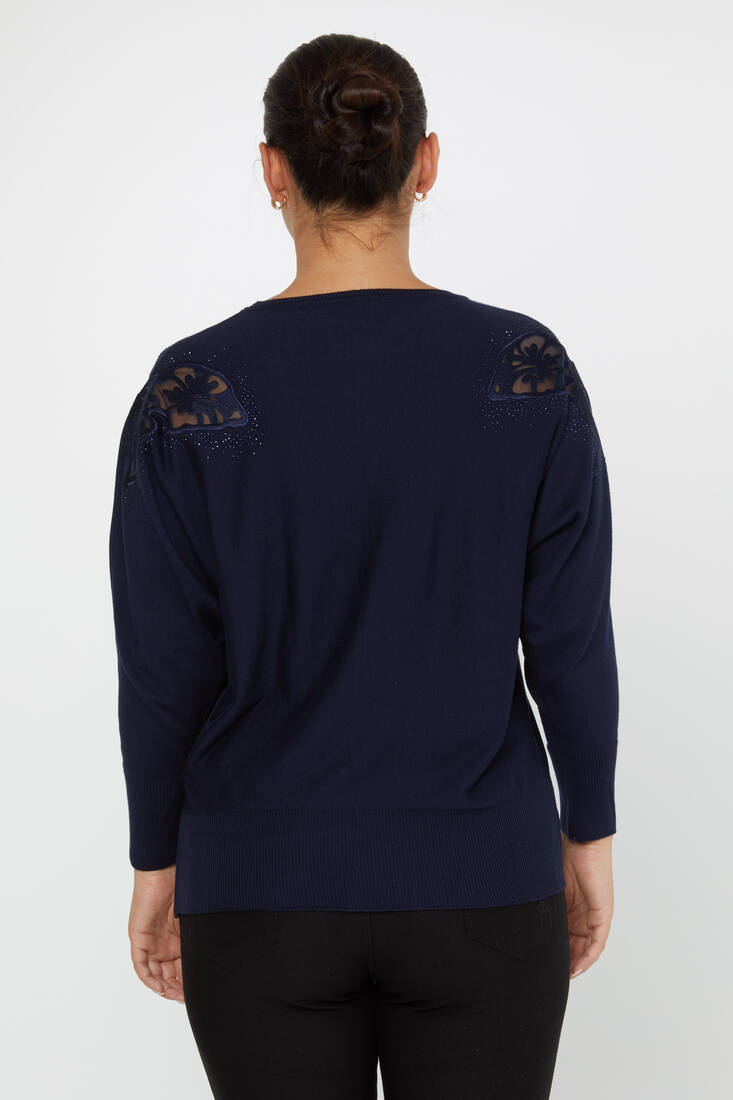 Women's Knitwear Stone Embroidered Bat Sleeve Navy Blue - 30903 | KAZEE