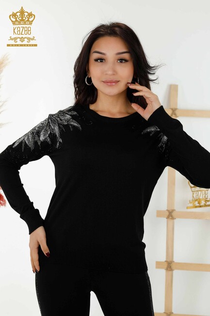 Women's Knitwear Stone Embroidered Black - 30210 | KAZEE - Thumbnail