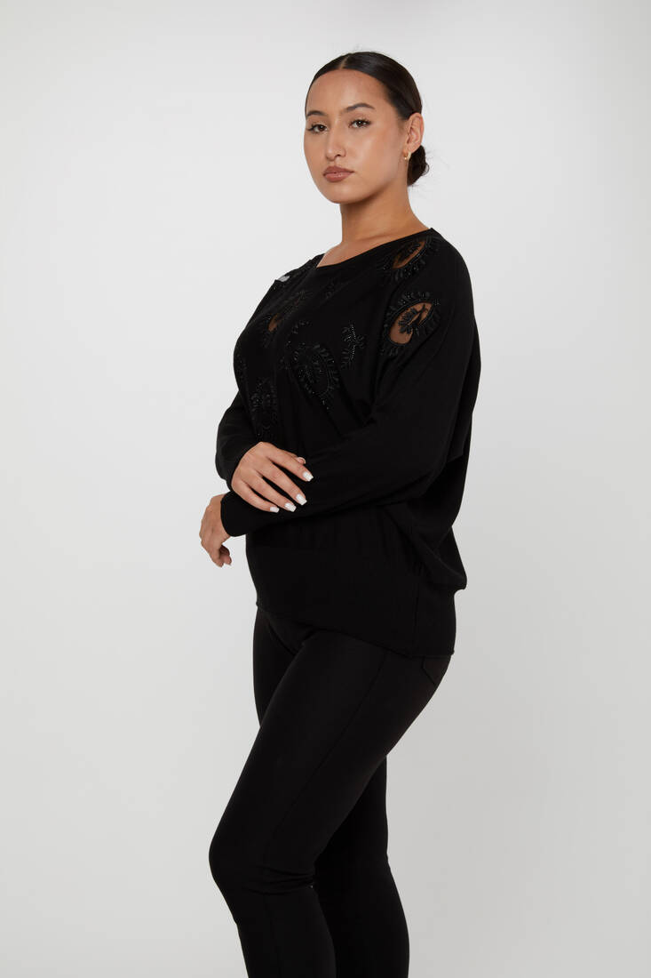 Women's Knitwear Stone Embroidered Black - 30902 | KAZEE