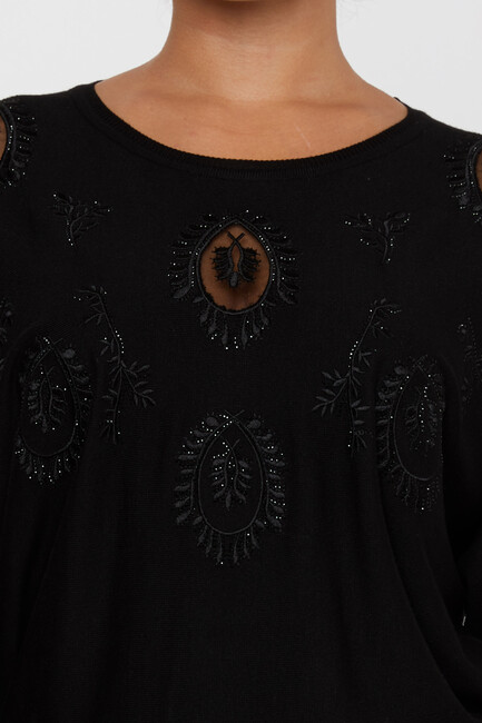 Women's Knitwear Stone Embroidered Black - 30902 | KAZEE - Thumbnail