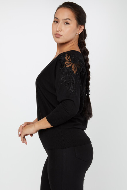 Women's Knitwear Stone Embroidered Black - 30924 | KAZEE - Thumbnail