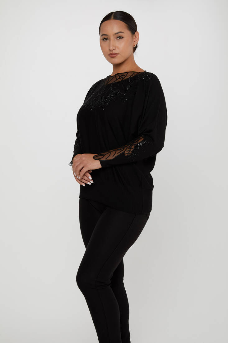 Women's Knitwear Stone Embroidered Black - 31227 | KAZEE