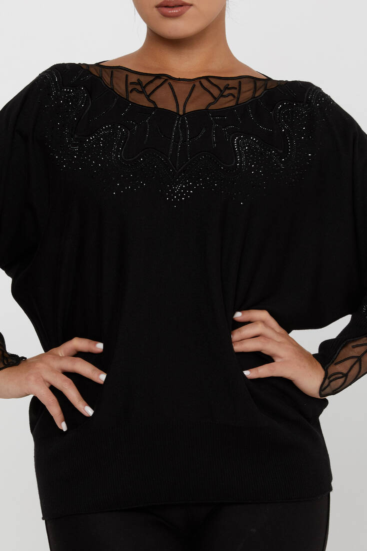 Women's Knitwear Stone Embroidered Black - 31227 | KAZEE