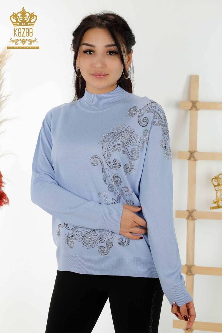 Women's Knitwear Stone Embroidered Blue - 30013 | KAZEE