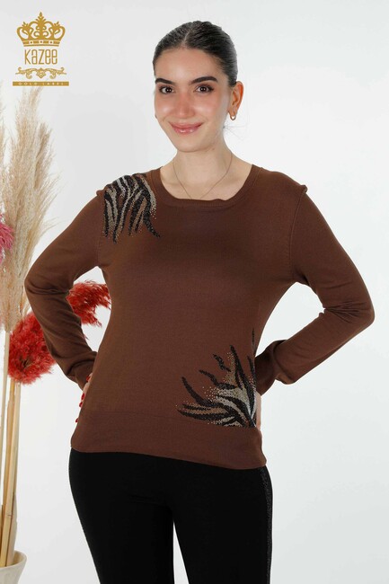 Women's Knitwear Stone Embroidered Brown - 16940 | KAZEE - Thumbnail