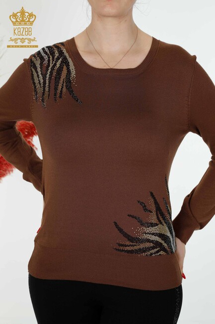 Women's Knitwear Stone Embroidered Brown - 16940 | KAZEE - Thumbnail