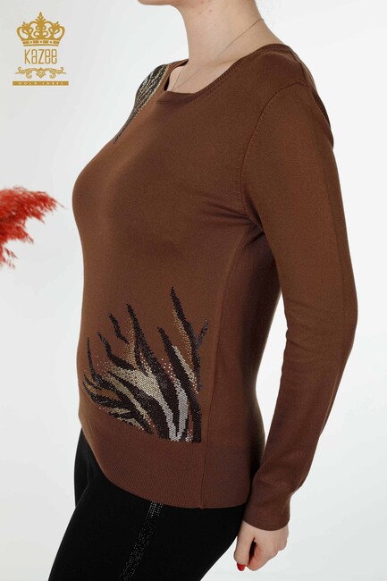 Women's Knitwear Stone Embroidered Brown - 16940 | KAZEE - Thumbnail