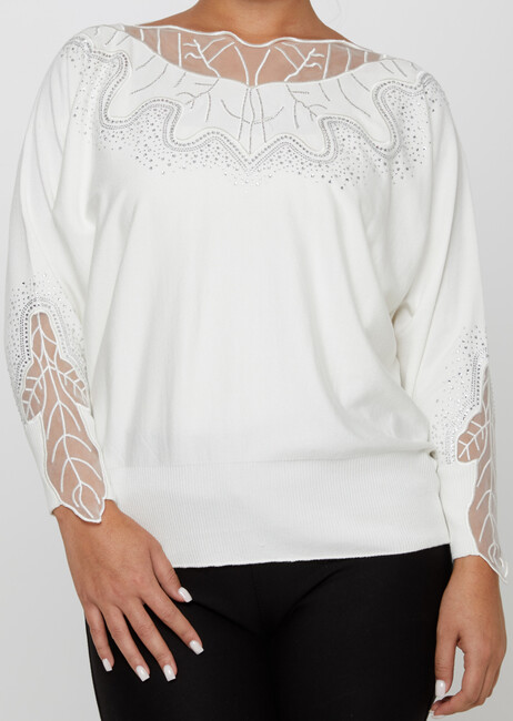 Women's Knitwear Stone Embroidered Ecru - 31227 | KAZEE - Thumbnail