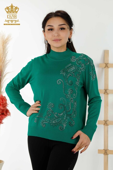 Women's Knitwear Stone Embroidered Green - 30013 | KAZEE - Thumbnail