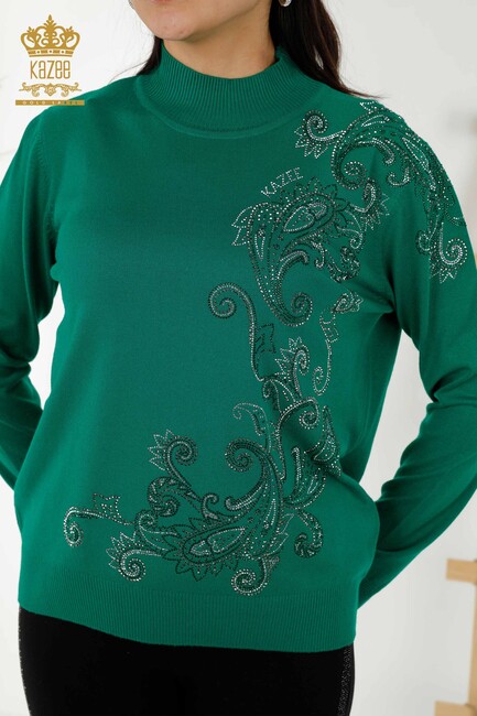 Women's Knitwear Stone Embroidered Green - 30013 | KAZEE - Thumbnail