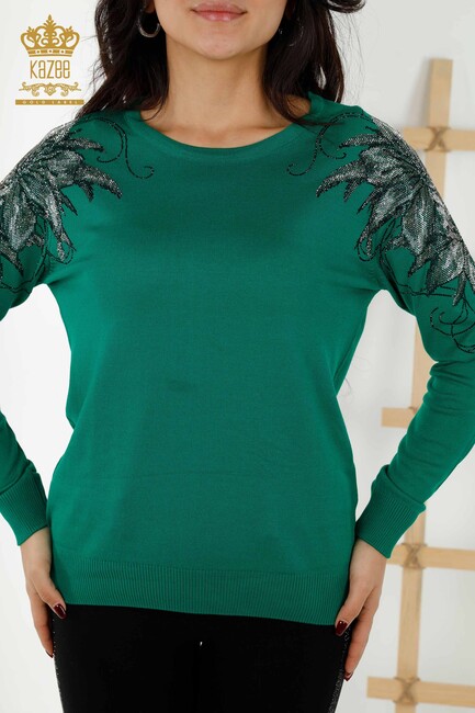 Women's Knitwear Stone Embroidered Green - 30210 | KAZEE - Thumbnail