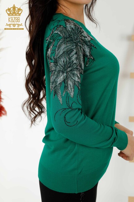 Women's Knitwear Stone Embroidered Green - 30210 | KAZEE - Thumbnail