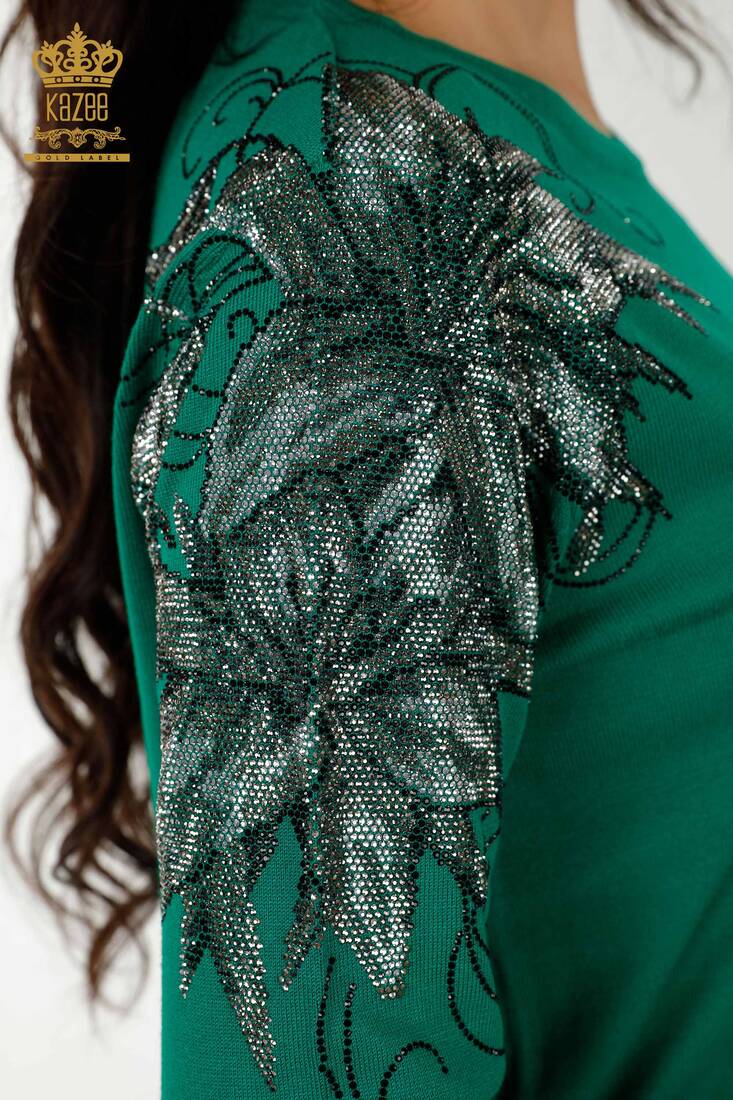 Women's Knitwear Stone Embroidered Green - 30210 | KAZEE