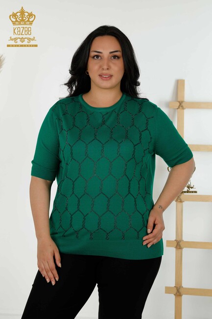 Women's Knitwear Stone Embroidered Green - 30317 | KAZEE - Thumbnail